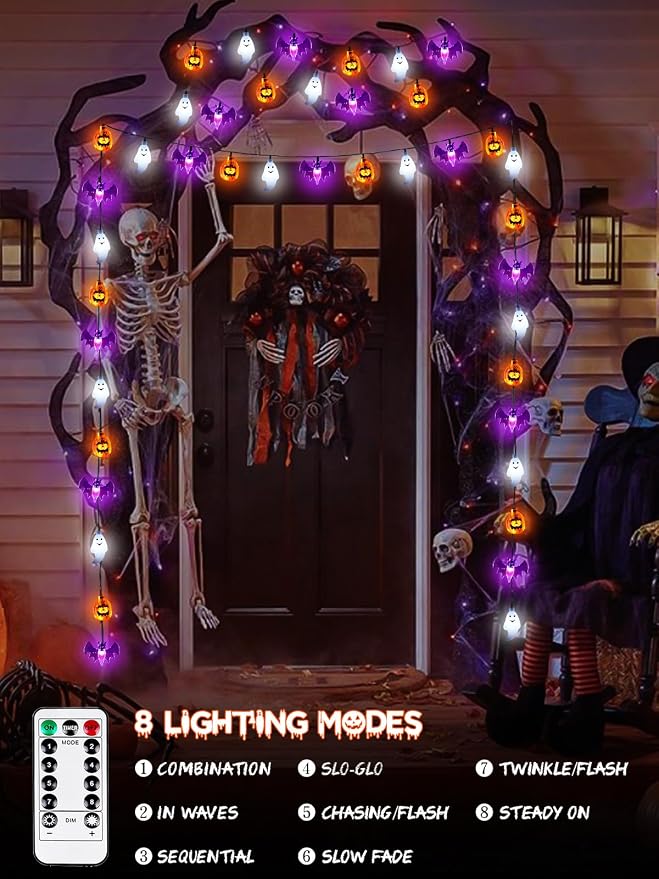3D Pumpkin Bat Ghost Halloween String Lights Battery Operated with Remote | 10FT 30 LED, 8 Modes & Timer, IP44 Waterproof, Twinkle Fairy Halloween Lights for Indoor Outdoor Ghost Themed Parties Decor