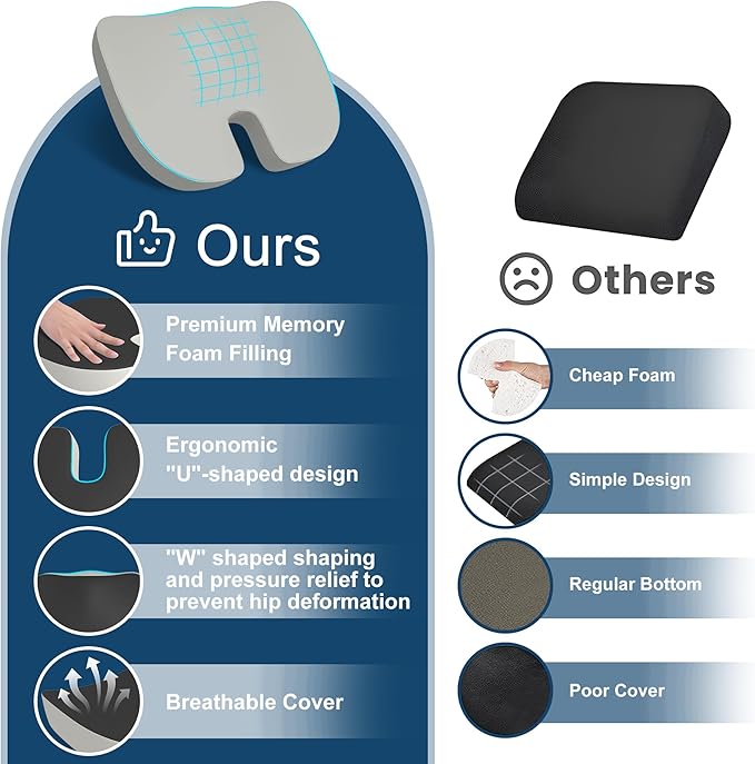 Memory Foam Cusion, Relief Pressure Seat Cusion for Office Chairs & Car Seat, Ergonomic Design Seat Cusion for Tailbone Pain Relief, Sciatica & Back Support