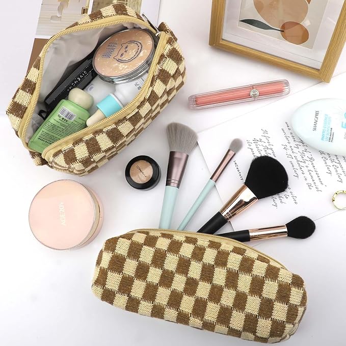 EIMMBD Makeup Bag 3 Pieces Large Capacity Checkered Cosmetic Bags Travel Toiletry Bag Organizer Cute Makeup Pouch Storage for Women(Brown)