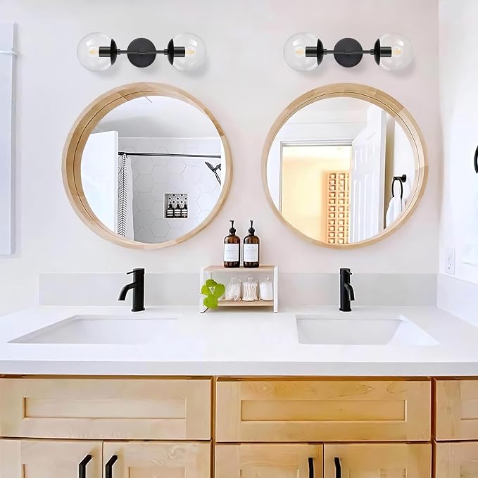 KoKo&Yukina Mid Century Modern Bathroom Vanity Light Matte Black Clear Glass Globe Vanity Light Fixtures Globe Sconce 2-Light Bathroom Lights Wall Fixtures Mid Century Wall Sconce