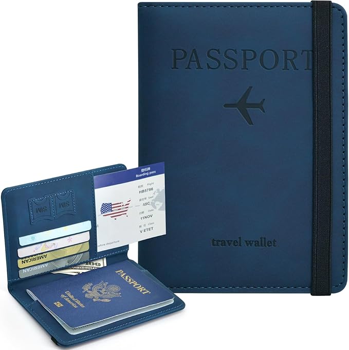 Passport Holder, Passport Cover with Credit Card Slot and Boarding Pass Slot Combo, Passport Wallet Case Book Travel Must Have, RFID Blocking Leather Travel Accessories, Navy Blue