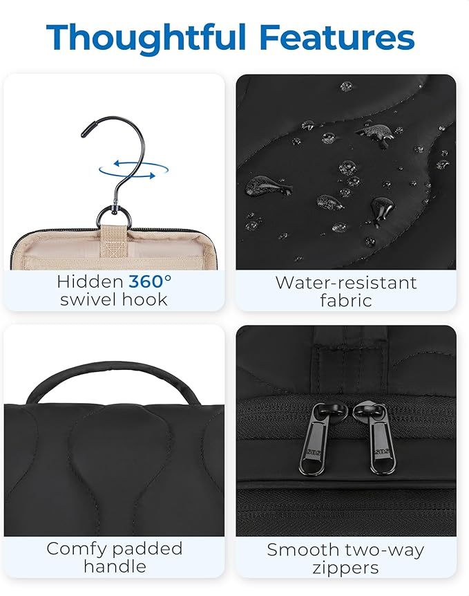 BAGSMART Travel Toiletry Bag for Women, Puffy Hanging Toiletry Bag with Hook, Water-resistant Toiletry Organizer for Full Sized Toiletries, Black