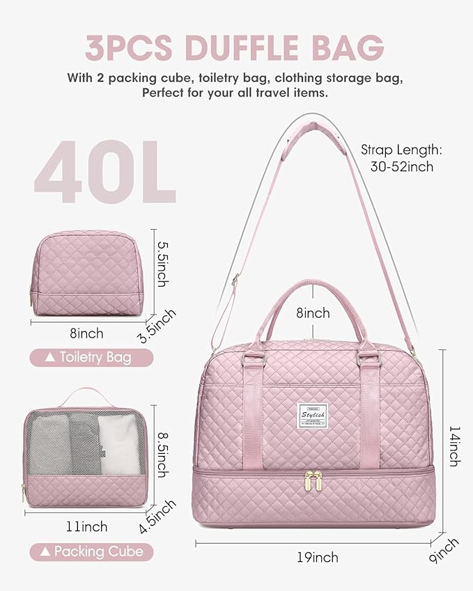 Weekender Travel Duffle Bag for Women: Overnight Bags with Shoe Compartment Carry on duffel Bag for Airplanes with 2 PCS Toiletry Bags Weekend Yoga Gym Hospital Bag with Wet Pocket Pink