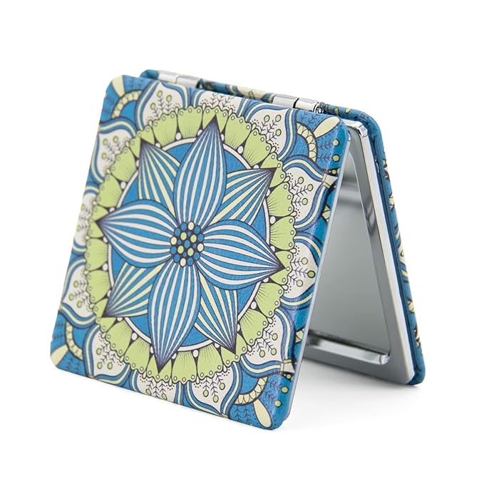 OMIRO 1X/3X Magnifying Mirror, Unique Painting Compact Mirror with Classical PU Leather (Green Flower Mandala)