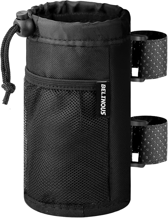 Belinous Bike Cup Holder for 8-24oz Bottles, Scooter Water Bottle Holder for Walker Wheelchair UTV Golf Cart and Boat, e-Bike Drink Holder with Net Pockets and Hook and Loop Straps