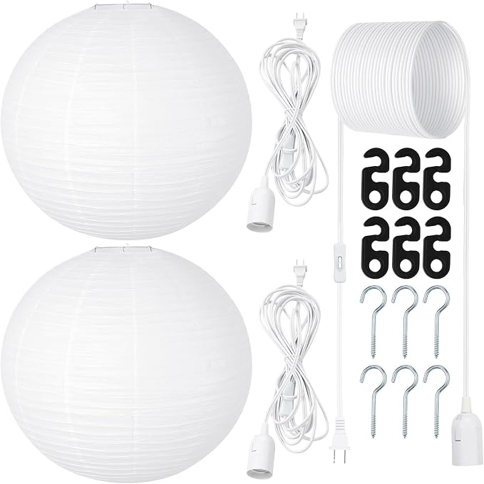 Rossesay 2 Sets Jumbo Round Paper Lanterns with Lamp Cord Cable White Hanging Paper Lanterns Chinese Japanese Pendant Hanging Lamp for Birthday Wedding Bridal Anniversary Party Decoration(30 Inch)