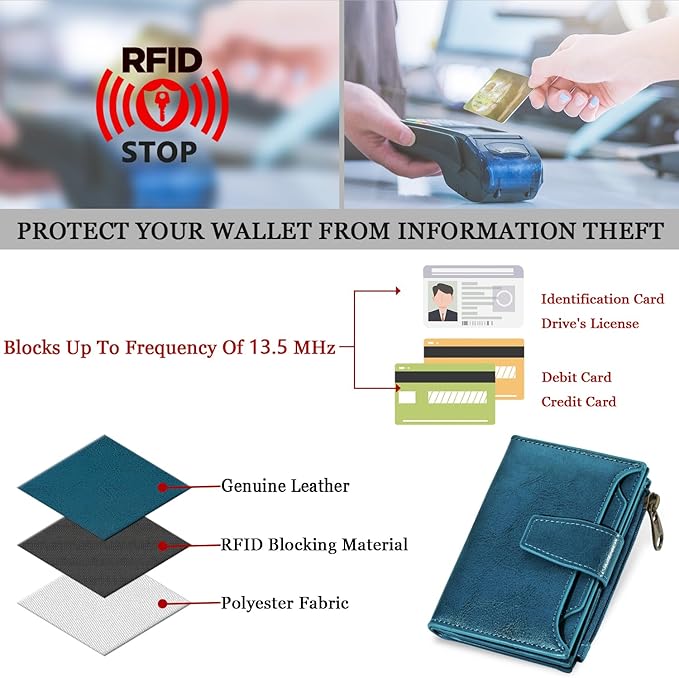Airkit Small Wallet Women RFID Blocking Soft Leather Bifold Compact Card Holder Wallet for Women with Zipper Coin Pocket 4 ID Window