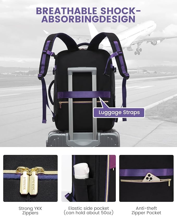 LOVEVOOK Travel Backpack for Women, 40L Carry On Backpack for Airplanes, Personal Item Bag for Airlines Fits 17 inch Laptop, TSA Approved Luggage with 3 Packing Cubes,Waterproof Weekender Gym Backpack