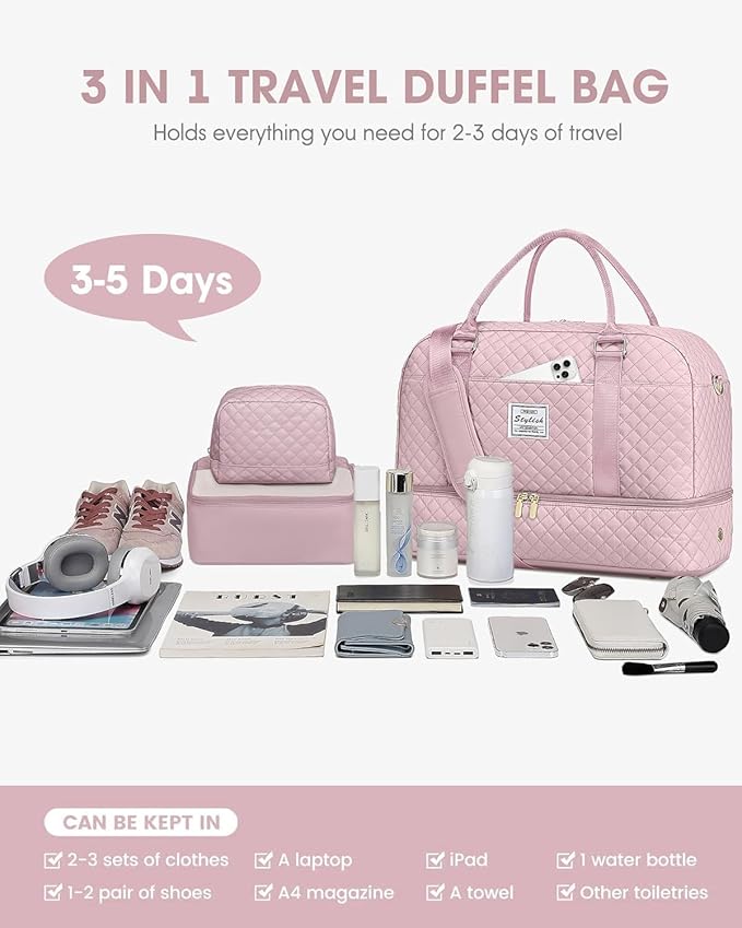 Weekender Travel Duffle Bag for Women: Overnight Bags with Shoe Compartment Carry on duffel Bag for Airplanes with 2 PCS Toiletry Bags Weekend Yoga Gym Hospital Bag with Wet Pocket Pink