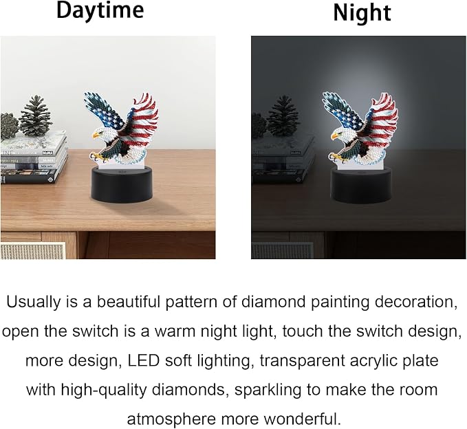 JISHSHAY Diamond Painting Night Light Diamond Art Table Lamps Gem Art LED Lights Gem Painting Desk Lamp Mosaic Kits for Adults DIY Kits for Adults with Special Shaped American Flag Eagle