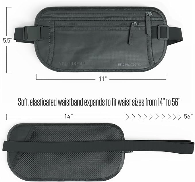 VENTURE 4TH Money Belt for Travel – Hidden Under-Clothes RFID Blocking Passport Holder & Slim Travel Wallet Pouch for Men & Women to Protect Cash, Cards & Documents (Sleek Gray)