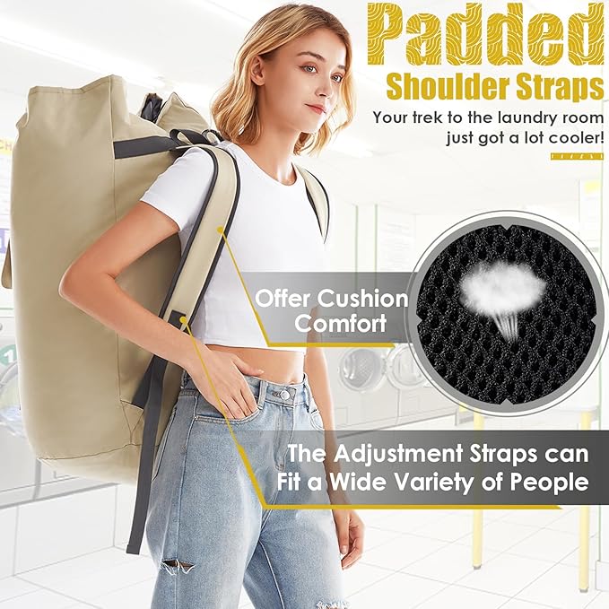 Backpack Laundry Bag, 115L Heavy Duty Extra Large College Laundry Backpack, Dirty Clothes Bag with Shoulder Straps, Laundry Hamper Bag with Drawstring Closure for College Dorm, Apartment Khaki