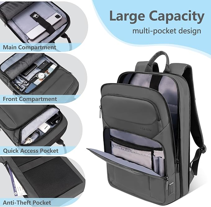 Backpack for Men Slim & Expandable Travel Laptop Backpack with USB Charging Port Water Resistant Anti-Theft Business Backpack Fits 17.3In Laptop for Commute Work College with Small Bag (Simple Gray)