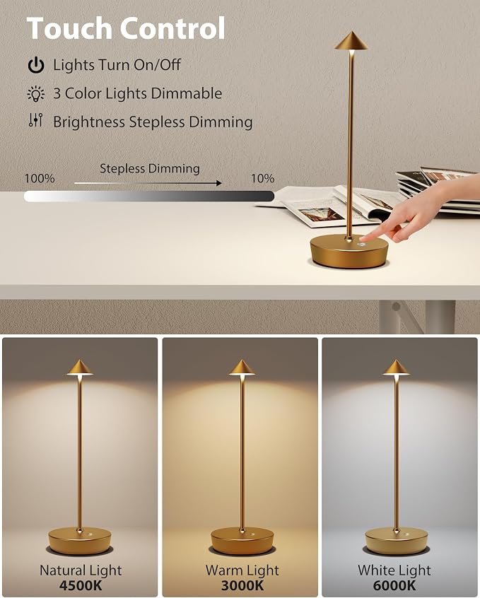 Cordless Table Lamp Rechargeable 6000mAh Battery LED Outdoor Light | Outdoor Waterproof Portable Touch 3 Color Stepless Dimmable Lights Memory Function for Patio Restaurant Dining Bronze