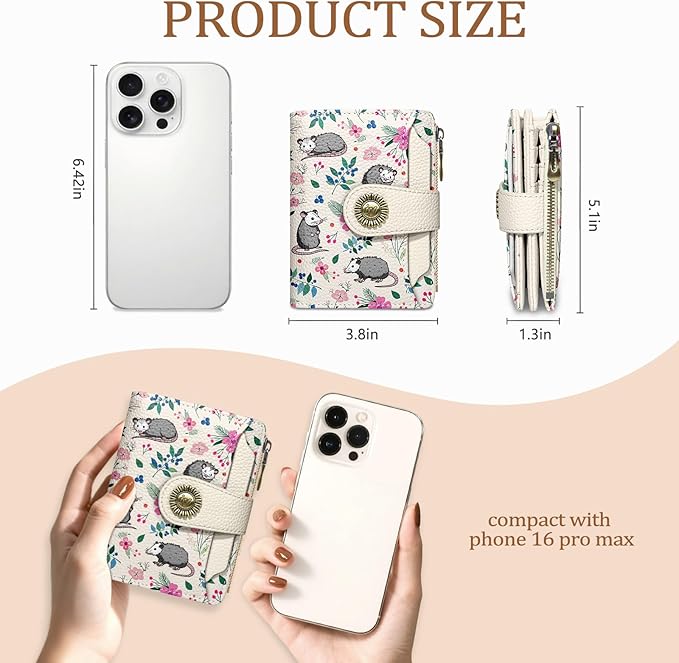 Icycay Possum Wallet Women Small RFID Blocking Bifold, Credit Card Holder, Zipper Coin Pocket, Funny Opossum, Cute, PU Leather, Compact, Travel, 14 Card Slots, Cash Purse, Ladies Woman Female Girls