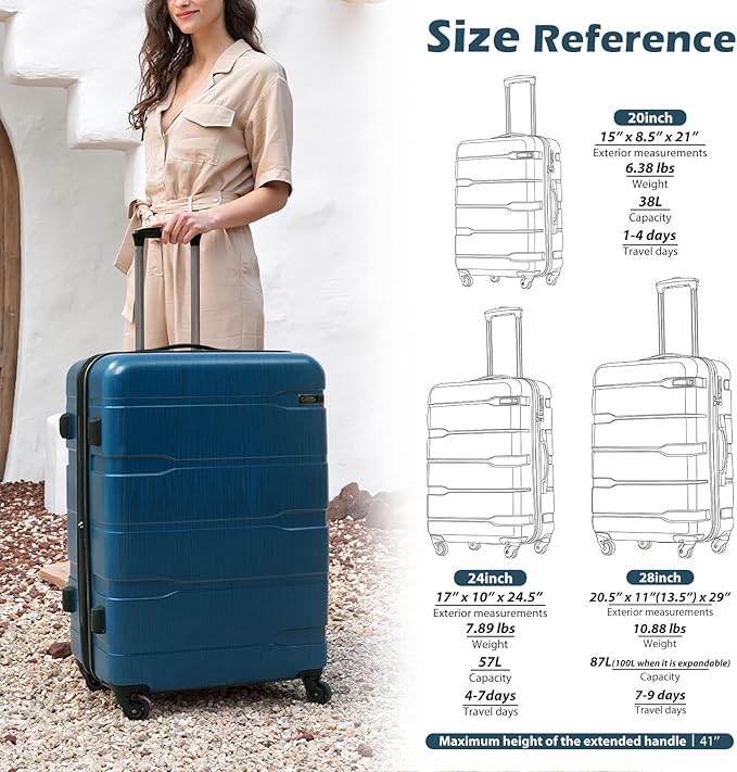 Coolife Luggage Set 3 Piece Hardside PC+ABS Suitcase with TSA Lock, Expandable Large Checked Luggage, Lightweight Rolling Carry On with Spinner Wheels(20/24/28 Inch, Caribbean Blue)