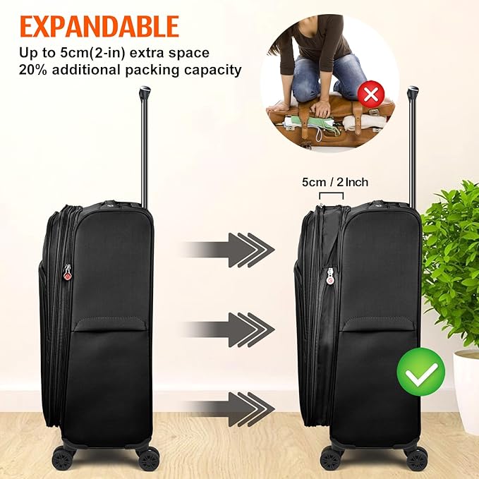 Verdi Luggage Sets of 2 Suitcase with Spinner Wheels Softside Expandable, Carry On Luggage with USB Port (Black, 2-Piece set(20/28))