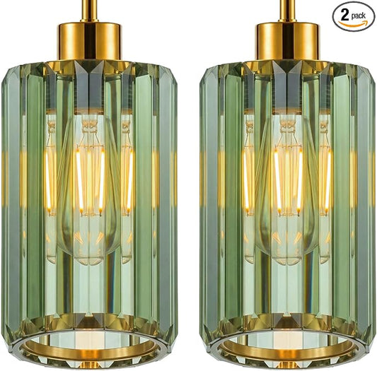 Modern Olive Green Fluted Glass Pendant Light 2 Pack - Thick Ribbed Glass with Warm Glow, Adjustable E26 Hanging Lamp for Kitchen Island & Dining Room