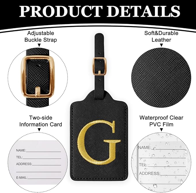 Personalized Initial Luggage Tags for Suitcases,Leather Letter Cute Luggage Tags with Privacy Name Card,Embroidered Monogrammed Travel Bag Backpack Tag Gifts for Women Kids Girls Teens(Black-G)