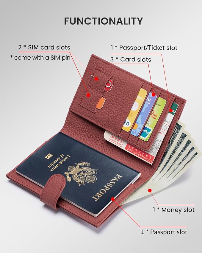 Karmiir RFID Passport Holder Travel Wallet for Women, Leather Passport Cover Wallet with Card Holders SIM Slots,Zippered Coins Pocket and Cash Slot Slim Compact Travel Wallet (Brick Red)