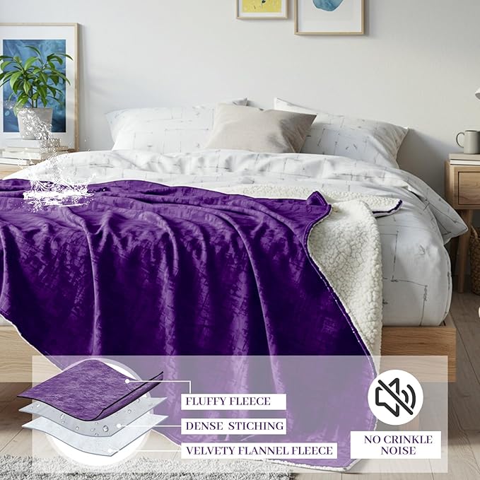 Tisancy Love Purple Waterproof Bed Blanket, Queen Size 80'' x 60'' Double Side Leakproof Reversible Sherpa Flannel Fleece 3 Layer Lightweight Red Blanket, Absorbs 50oz