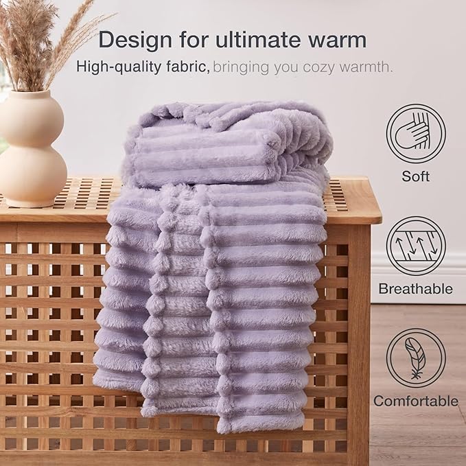 EXQ Home King Size Blanket for Bed or Couch - 3D Stripe Jacquard Decorative Fleece Blankets - Cozy Soft Lightweight Fuzzy Flannel Blanket Suitable for All Seasons(90"×108",Light Purple)