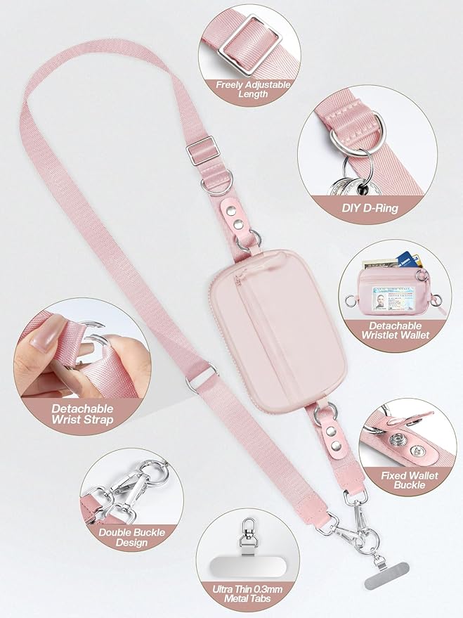 Tiostep Clip and Go Strap for Phone with Wallet Crossbody Phone Lanyard Adjustable and Detachable RFID Wristlet Wallet with ID Window and Zipper, Pink