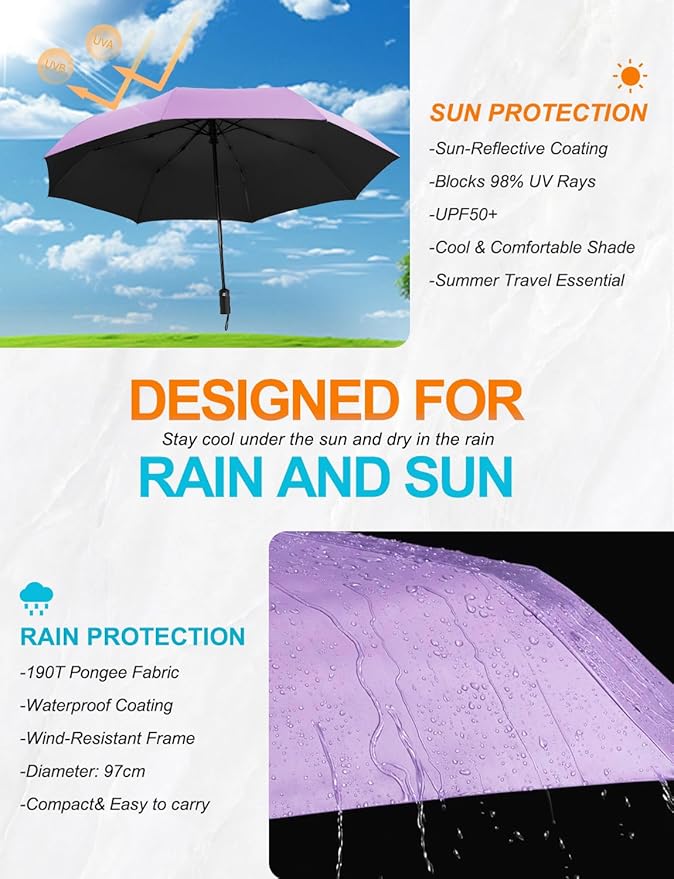 SoulRain Travel Umbrella - Compact Umbrella for Rain - Perfect Large Auto Folding Umbrella - Ideal Car umbrella, Small umbrella, and Travel Companion