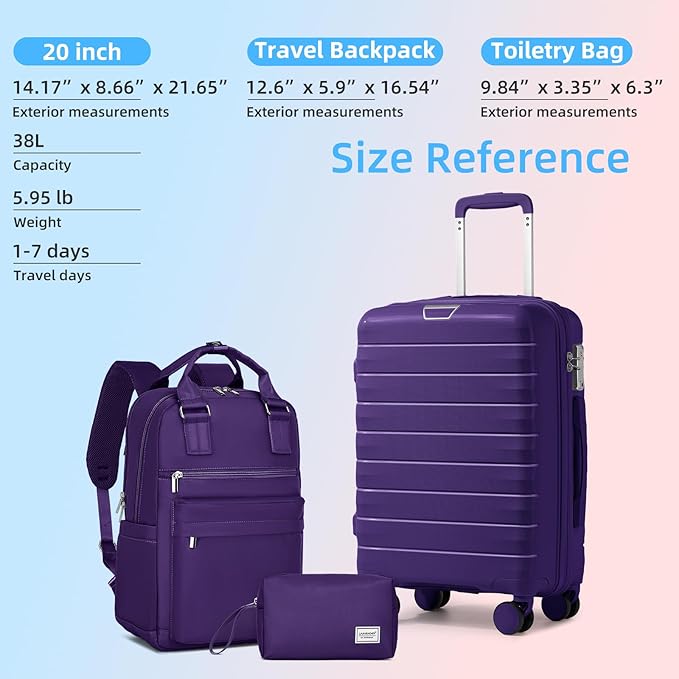 LARVENDER Luggage Sets 3 Piece, Hardside PP Carry On Suitcase with 360° Spinner Wheels TSA Lock Luggage Sets for Women, Grape Purple