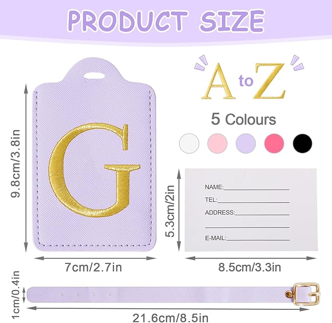 Initial Luggage Tags for Suitcases, Cute Embroidered Letter Luggage Bag Suitcase Identifier Name Baggage Tag, PU Leather Travel Luggage Tags, Bag Tags for Men Women Kids Luggage Handbags(Purple G)