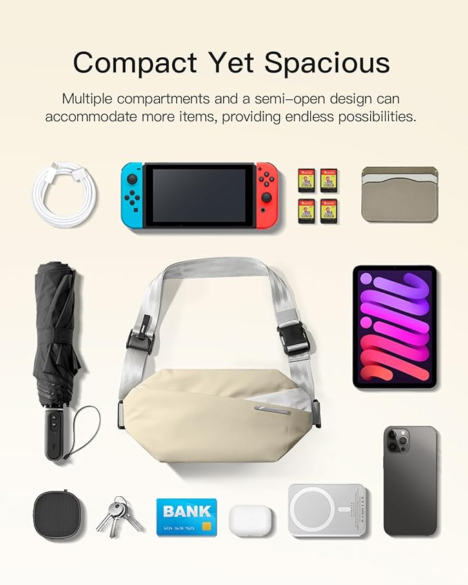 Inateck Sling Bag X, Multi-pocket Crossbody Shoulder Chest Bag with Adjustable Shoulder Strap, Water-resistant Waist Fanny Pack for Men, Women, Travel, Daily Use, Cycling, Hiking, Beige, Large