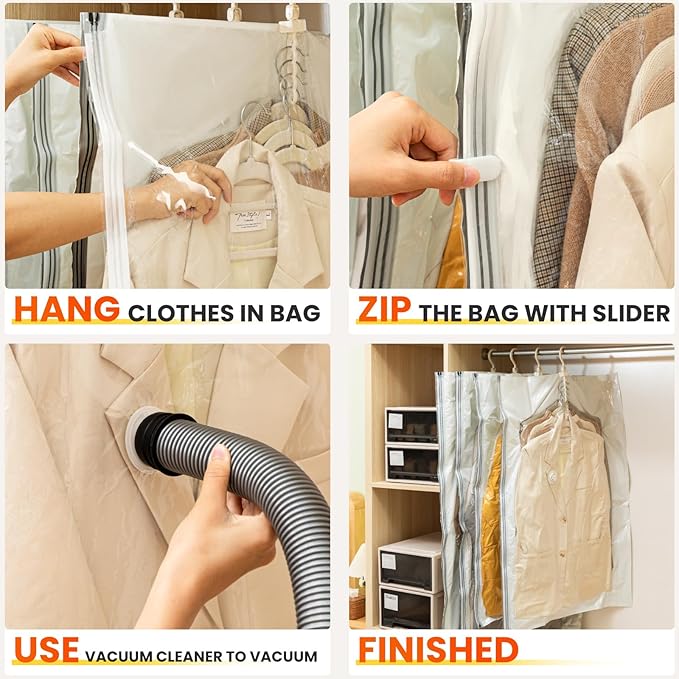 Hanging Vacuum Storage Bags – 2 Pack (1 Long, 1 Short) Hanging Vacuum Seal Bags for Clothing, Closet Organizer Space Saver for Suits, Jackets & Coats