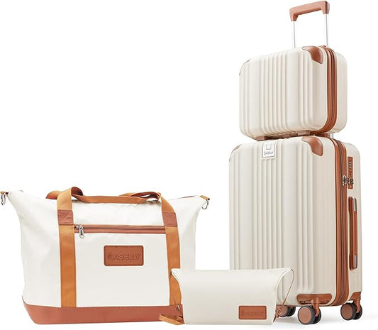 Luggage Set 3 Piece Luggage with PC+ABS Hardshell TSA Lock Spinner Wheels Carry on Lightweight Suitcase，YKK Zippers (Beige, 4 piece（14/20/DB/TB）)