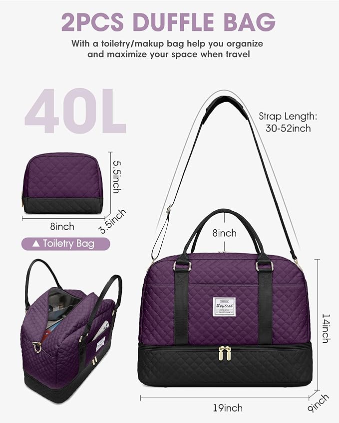 Weekender Bags for Women Travel Bag - Duffle Bag with Shoe Compartment Carry on Overnight Bag for Women Hospital Bags for Labor and Delivery 2Pcs Set Black Purple
