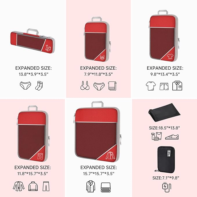 NiHome 7PCS Compression Packing Cube Set Expandable Mesh Travel Bag Luggage Organizers with Electronic Cable Cord Charger Organizer Drawstring Bag (Red)