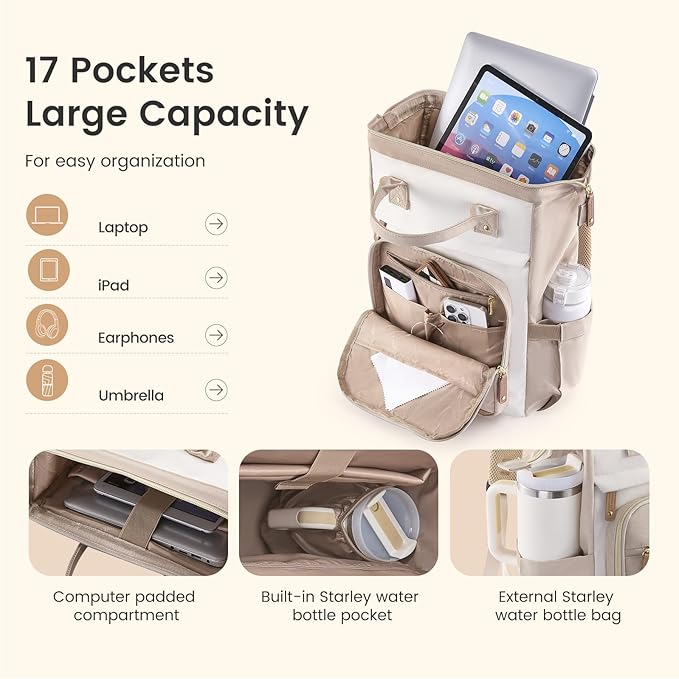 LOVEVOOK Laptop Backpack for Women Work Bag with Large Capacity Cup Side Pocket, 15.6 Inch Waterproof Computer Backpacks (Bean-green, 15.6INCH)