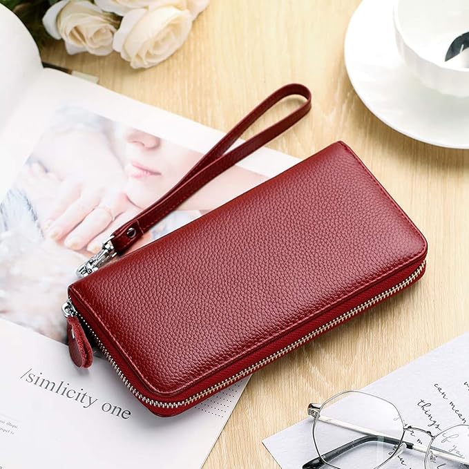 Moflycom Womens Wallet RFID Blocking Genuine Leather Zip Around Wallet Clutch Wristlet Travel Long Purse for Women