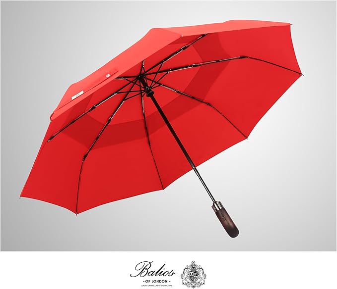Balios Travel Folding Umbrella with Real Wood Handle Auto Open Close Vented Windproof Canopy - Designed in UK