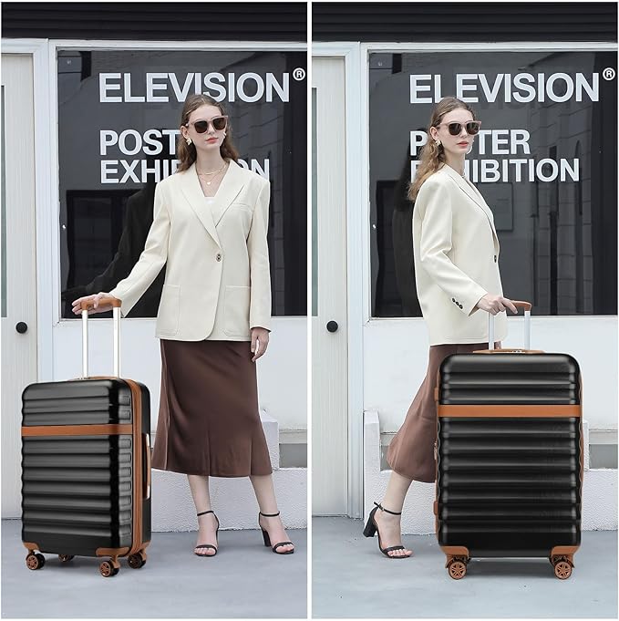 Kono Medium Sized Checked Luggage, 24 Inch Expandable with Spinner Wheels, TSA Lock, ABS + PC Lightweight Travel Suitcase with Larger Capacity and Lighter Weight, Black Brown