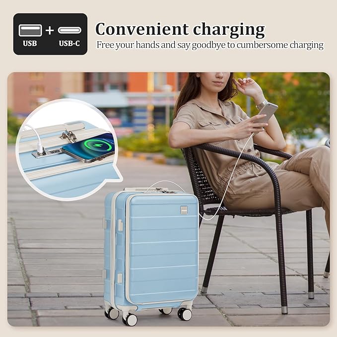 imiomo Carry on Luggage Airline Approved with Front Pocket and USB Port, Hard Shell 20 Inch Travel Carry-on Suitcase with Spinner Wheels and TSA Lock, Lightblue