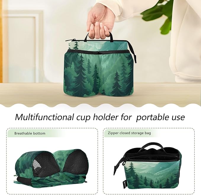 Mountain Forest Trees Green 02 Luggage Cup Holder Travel Portable Free Hand Drink Carrier Suitcase Drinks Beverage Holder Carry-On Bottle Mug Holder Organizer Bag Travelers Accessories