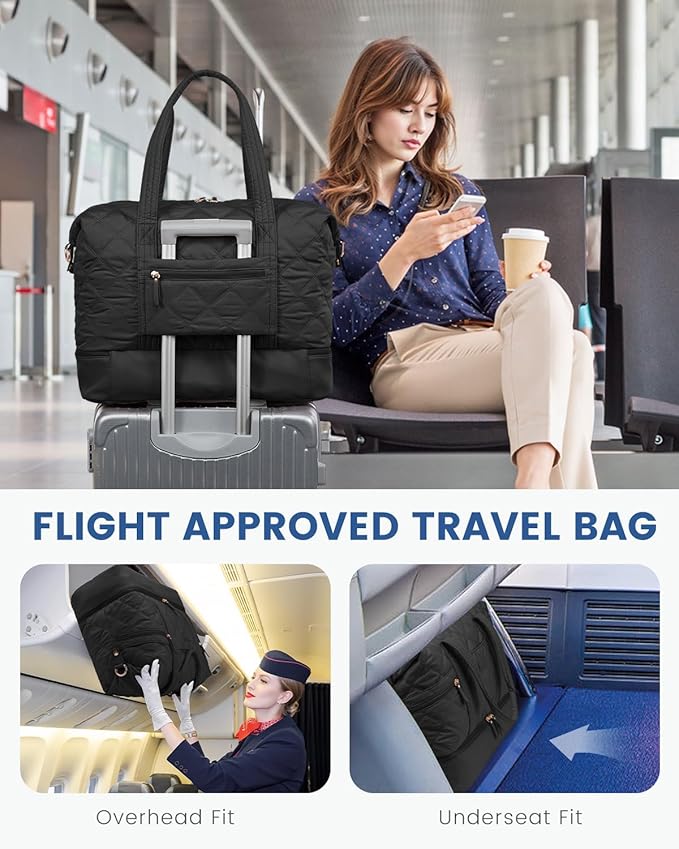 LOVEVOOK Travel Duffle Bag, Lightweight Weekender Bags for Women with Shoe Compartment, 40L Puffer Gym Bag Personal Item Travel Bag, Overnight Bags and Hospital Bag for Labor and Delivery, Black