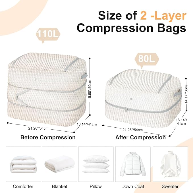 Comforter Storage Bag - 110L Large Capacity Blanket Storage Bags 2-Layer Ultra Space Saving Self Compression Organizer, Washable Compression Bags for Storage Comforter Blanket, 6-Pack, Beige