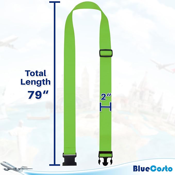 Luggage Straps for Suitcases - TSA Approved - Neon Green, 4 PK - Premium Nylon Belts for Suitcase, Briefcase & Travel Bag - Adjustable Strap Length 46" - 78"