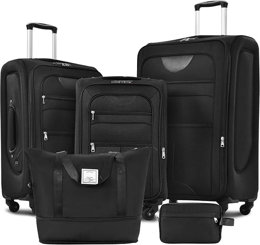 Black 5 Piece Softside Luggage Sets, Expandable Lightweight Suitcase Sets Double Softshell Spinner Wheels Travel Luggage Set for Women and Men