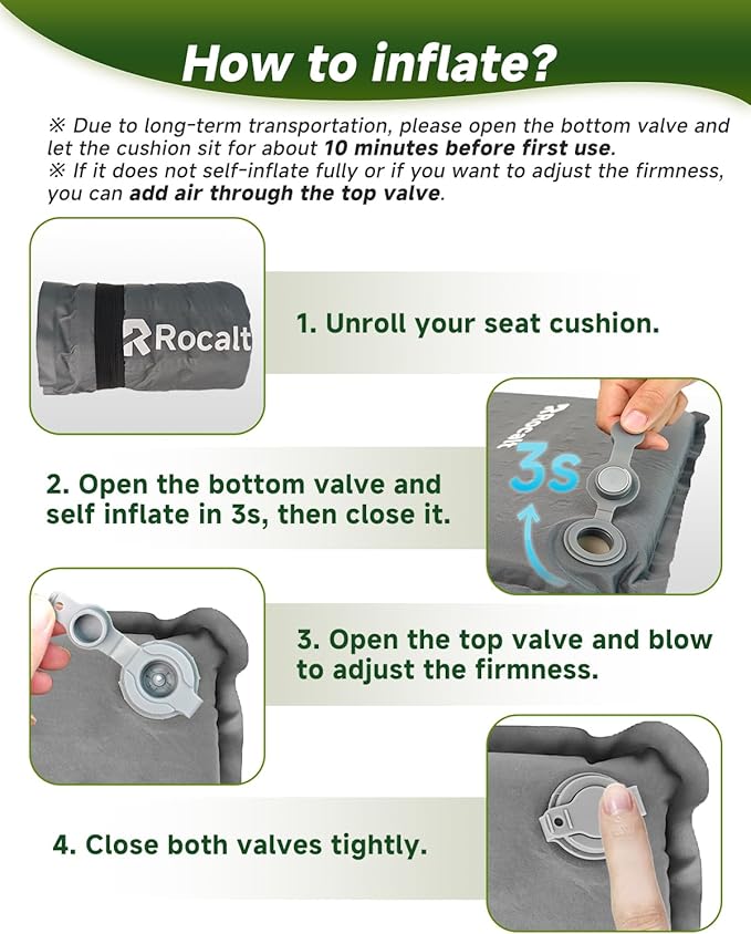 Rocalt Inflatable Seat Cushion, Self-Inflating Memory Foam Airplane Seats Cushion, Portable Air-Foam Stadium Cushion, Lightweight & Compact Bleacher Seat Cushion for Sports Events