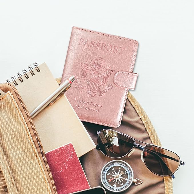 ACdream Passport and Vaccine Card Holder Combo, Cover Case with CDC Vaccination Card Slot, Leather Travel Documents Organizer Protector, with RFID Blocking, for Women and Men, Rose Gold