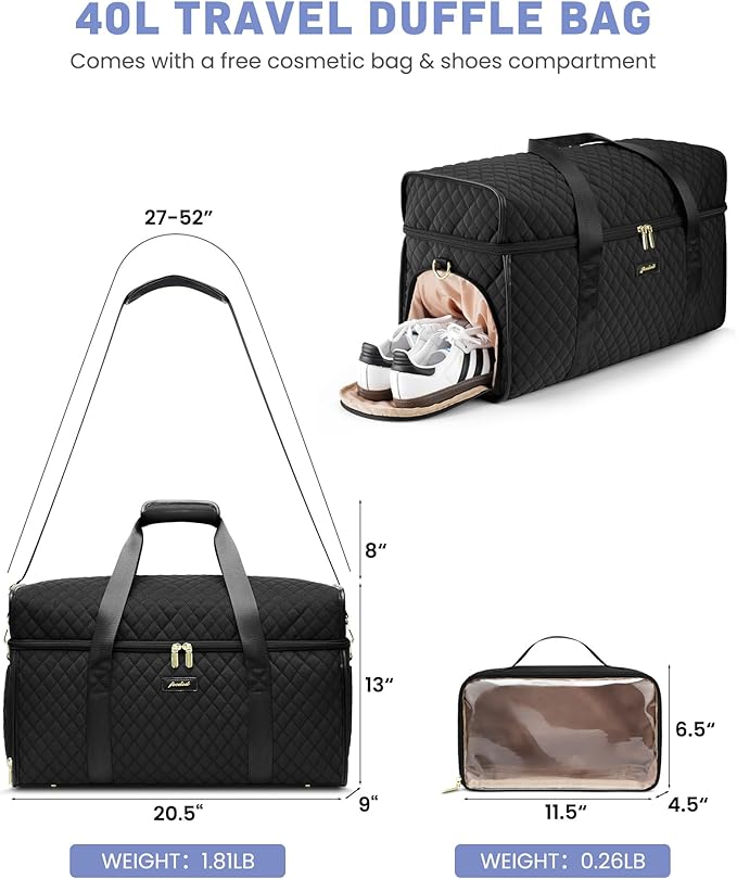 Weekender Travel Duffle Bag for Women: Overnight Bags with Shoe Compartment Carry on Bags for Airplanes with Toiletry Bag Weekend Yoga Gym Bag with Wet Pocket Travel Duffel Tote Bag Hospital Bag Black