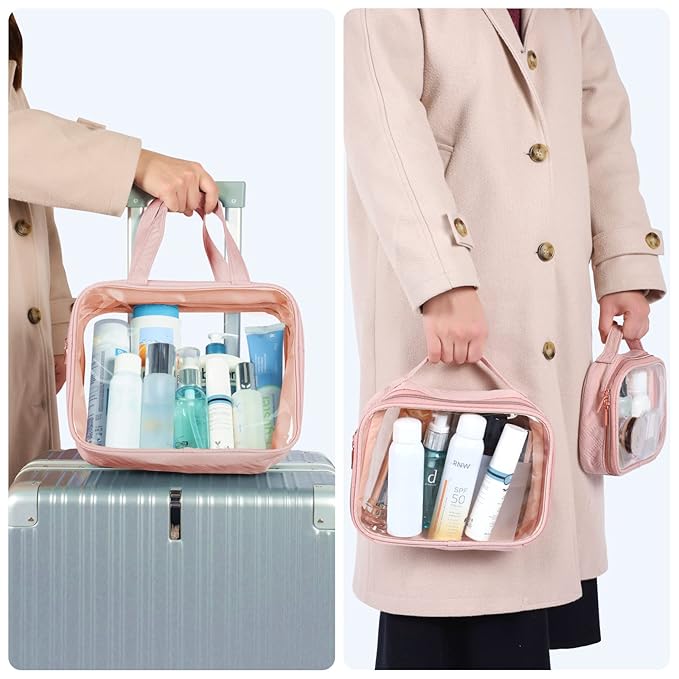 PACKISM Clear Makeup Bag Combo Pack, 1 TSA Approved Medium & Large/XL for Checked Luggage, Clear Toiletry Bag with Handle, Water-resistant Travel Essentials Organizer, Rose Pink