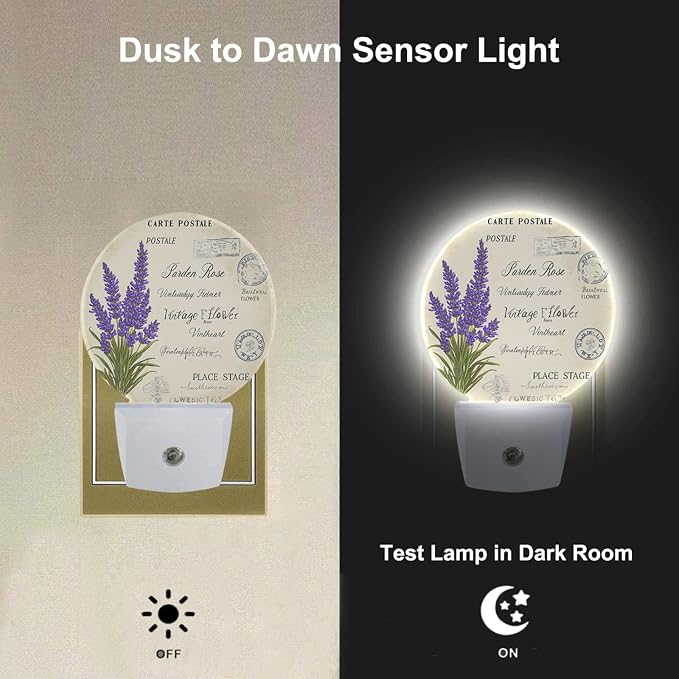 Lavender Night Light Purple Floral Spring Summer Flowers Night Lights Plug into Wall Dusk to Dawn Sensor Round LED Lighting for Men Women Boys Girls, 0.5W Energy Efficient